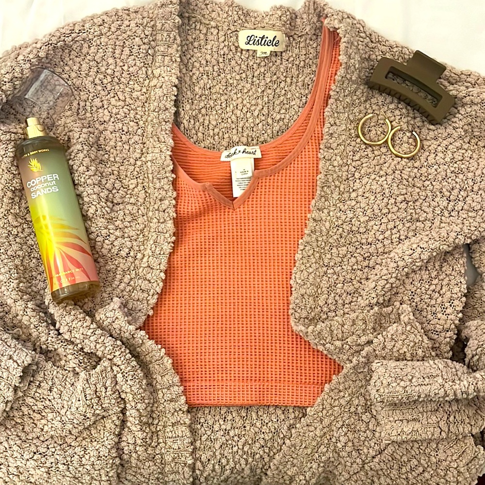 khaki cardigan with pockets, good length